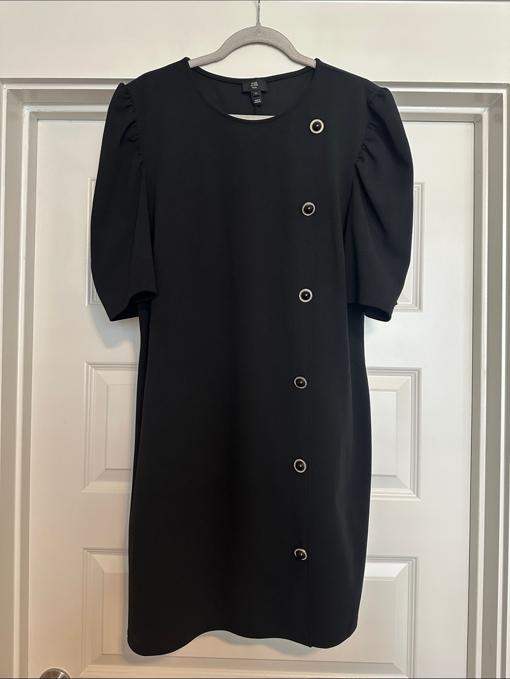 River Island Black Midi Dress with Puff Sleeves and Grommet Button Detail